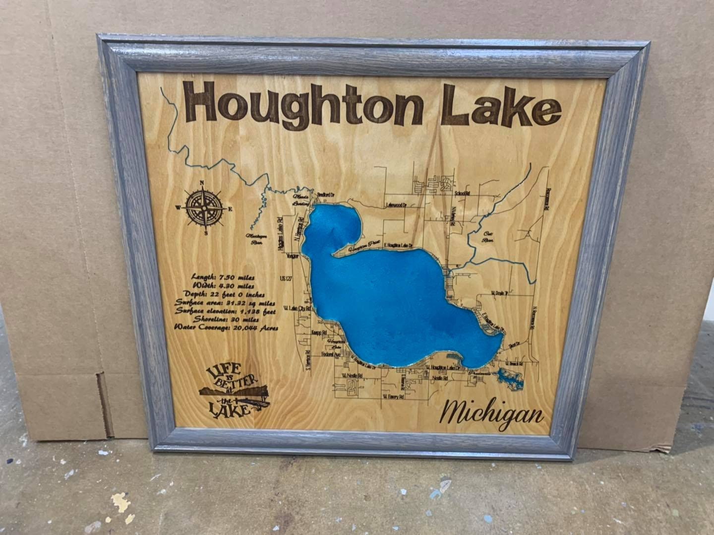 Houghton Lake Michigan Custom Laser Engraved Lake Map with Etsy