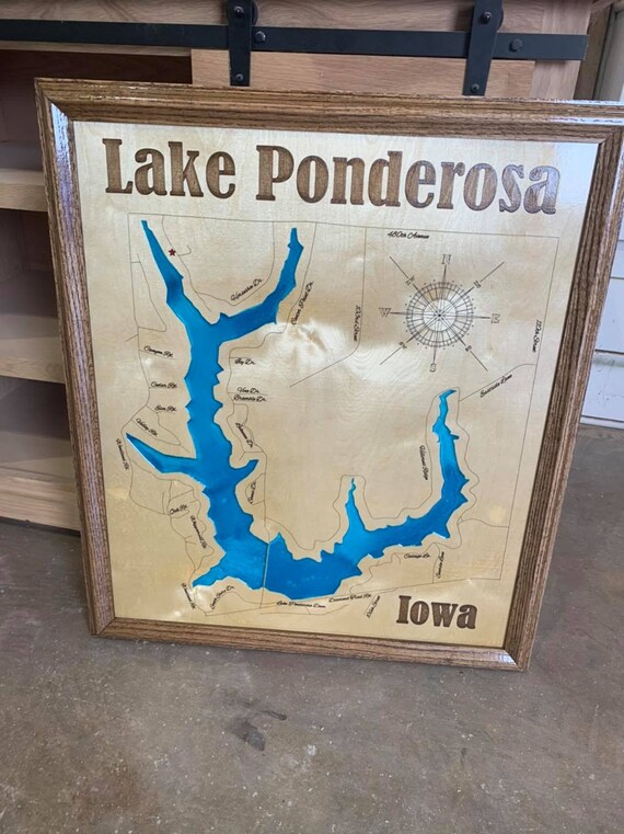Lake Ponderosa Iowa Custom Laser Engraved Lake Map With Epoxy Etsy