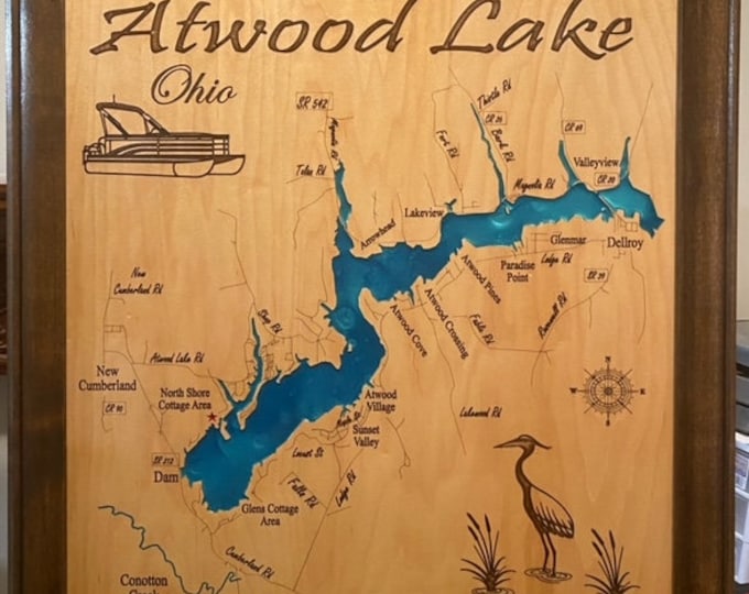Custom Laser Engraved Lake Map Of Atwood Lake Ohio