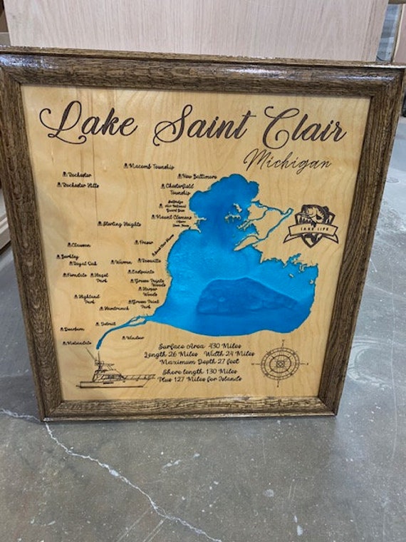 Lake Michigan Custom Laser Engraved Lake Map with Epoxy Custom Lake Maps Wooden Lake Maps with Frame