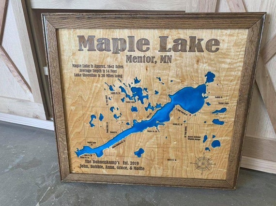 Maple Lake Mn Map Maple Lake Minnesota Custom Laser Engraved Lake Map With Epoxy | Etsy
