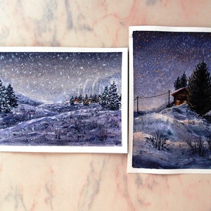 Aquarelle d'art originale, ensemble de peintures paysage d'hiver, papier aquarelle, décoration murale, carte postale, carte-cadeau oeuvre d'artiste ukrainienne