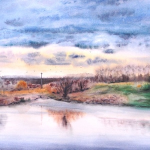 Spring Landscape Watercolor Large Painting, Original Art for Home Wall Decor, Gift, Beautiful One-of-a-kind Artwork Ukrainian Artist Ukraine