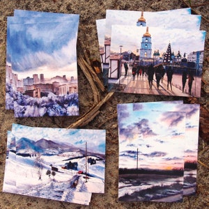 Set di cartoline, stampe di acquerelli originali di paesaggi invernali e urbani ucraini, opere d'arte di artisti ucraini con buoni regalo