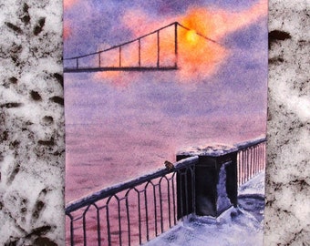 Kyiv Cityscape Watercolor Painting, Sunrise Fog, Ukrainian Art