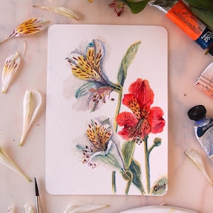 Postal hecha a mano con acuarela, arte original, flores de lirio peruano, decoración de pared, tarjeta de regalo, obra de arte única, artista ucraniano
