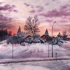 Snow Winter Landscape, Original Art Watercolor Large Painting, Home Decor, Gift, Unique Artwork, Ukrainian Artist Ukraine