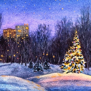 Paisagem noturna de parque de inverno, arte original, árvore de ano novo, neve, geada, natureza, decoração de parede para casa, cartão-presente, arte única, artista ucraniano