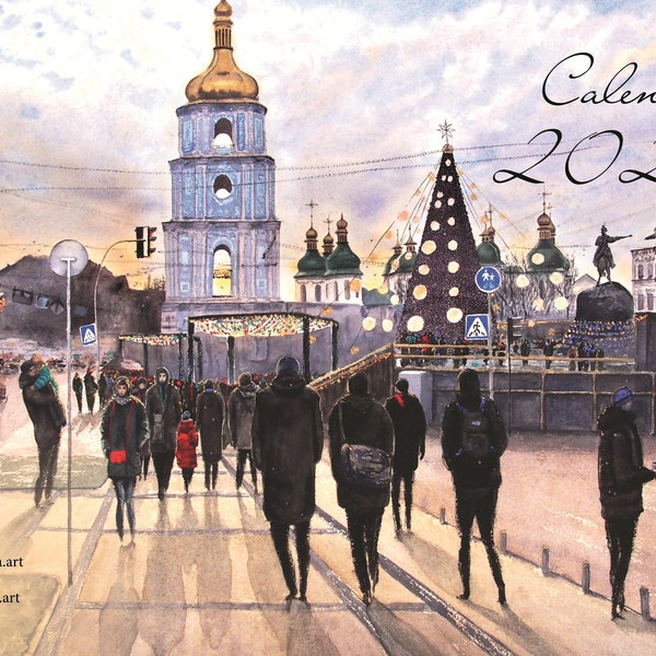 Kalender 2024 Illustriert Groß A3 Spirale, Original Kunst Aquarell Gemälde, Ukrainische Landschaft Stadtbild Ukraine Künstler, Wohnkultur Geschenk