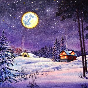 Cena noturna de neve - Arte de paisagem original com elementos da natureza, céu gelado, lua, estrelas, decoração de parede exclusiva de artista ucraniano - ideia de presente