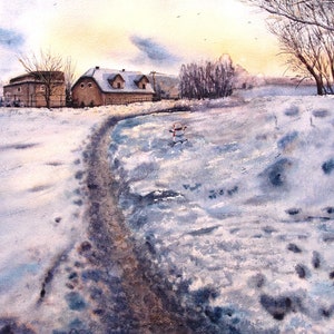 Snow Winter Landscape, Original Art Watercolor Large Painting, Home Decor, Gift, Beautiful Nature Unique Artwork, Ukrainian Artist Ukraine