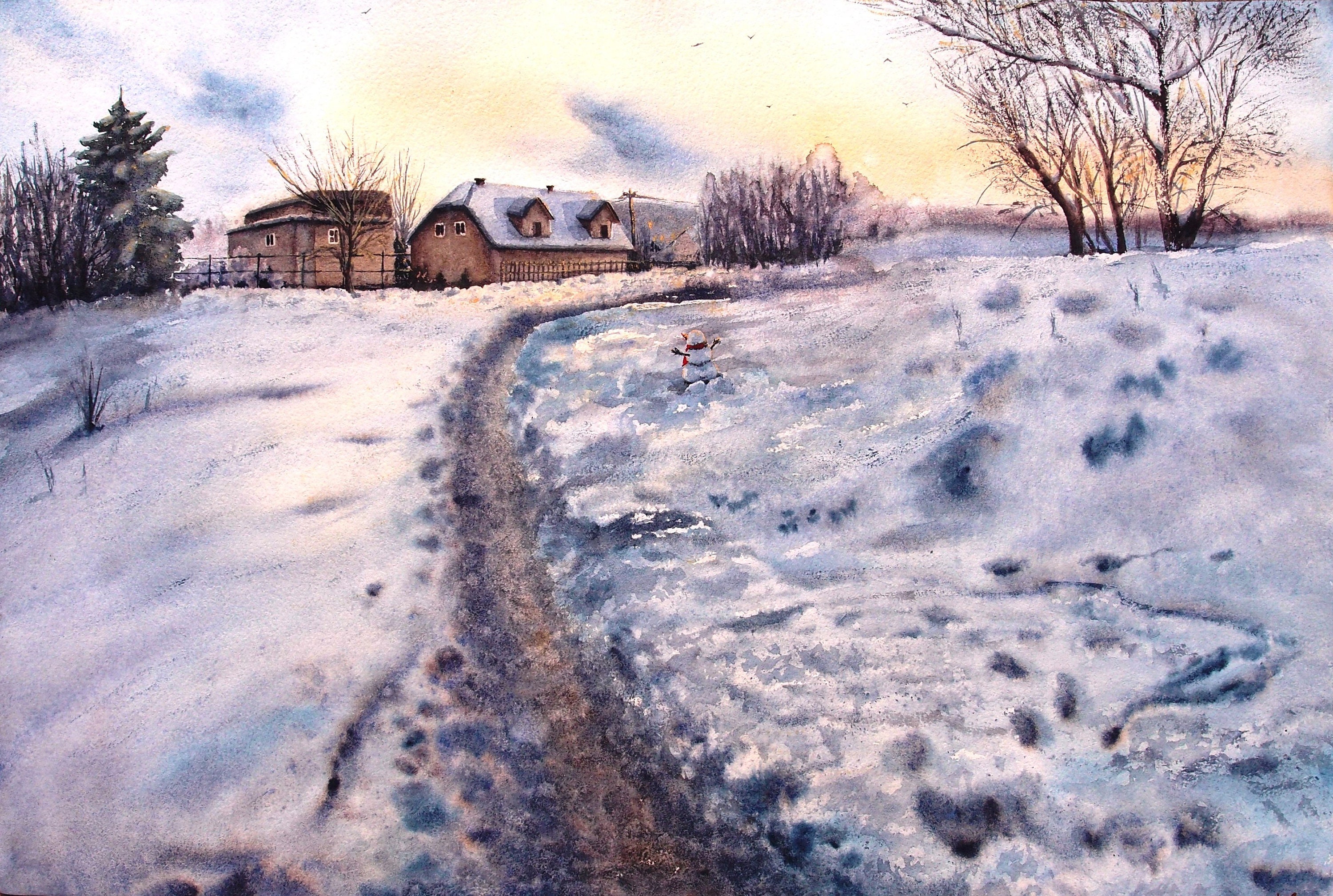 Snow Winter Landscape, Original Art Watercolor Large Painting, Home Decor, Gift, Beautiful Nature Unique Artwork, Ukrainian Artist Ukraine
