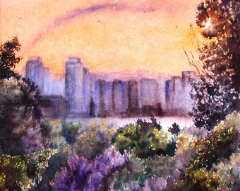 Kyiv Cityscape Watercolor Painting, Ukrainian Artist, Original Art (28x38 cm), lilac, botanical garden in Kyiv, Watercolour landscape, gift