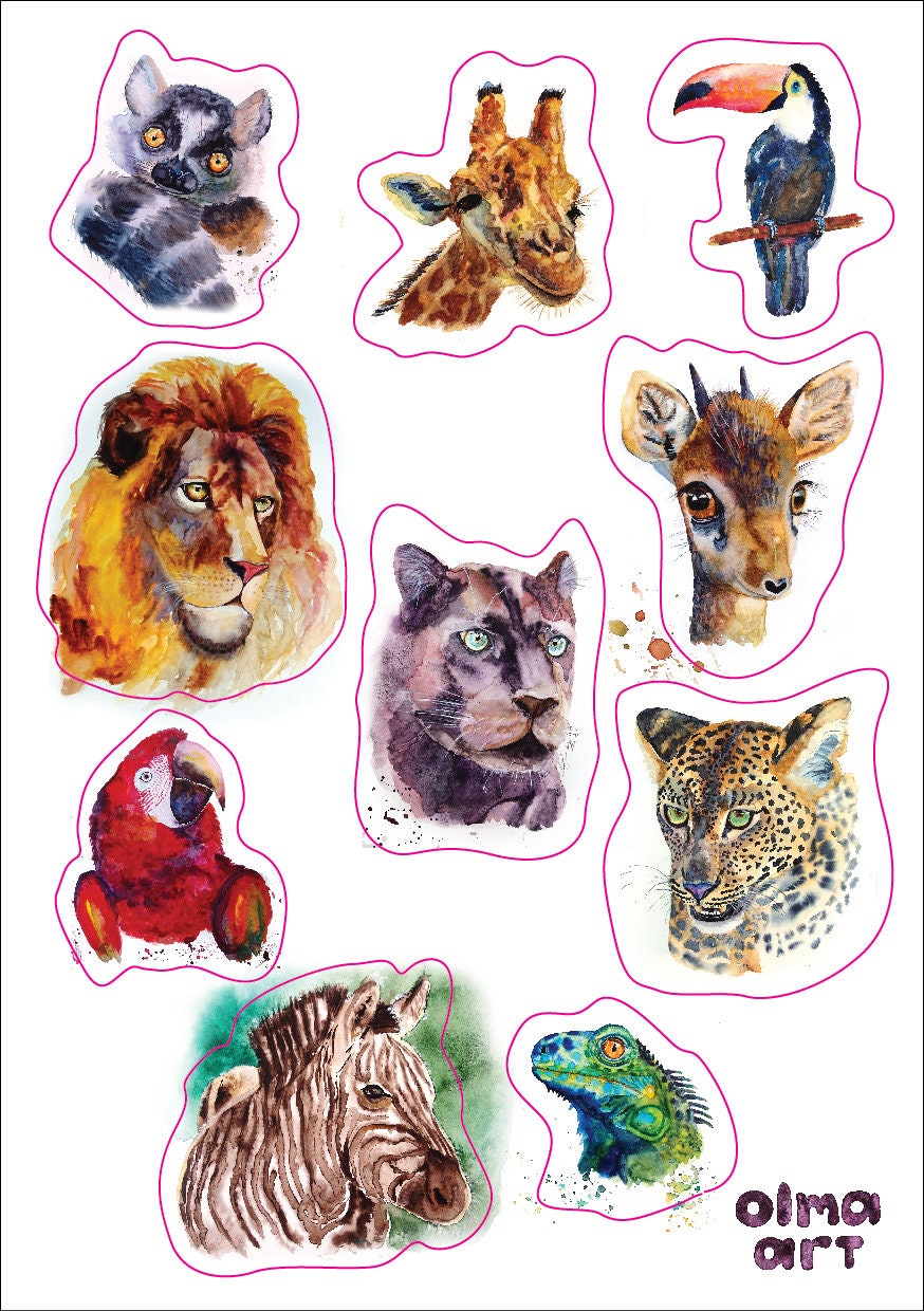Sticker Set of Original Art Watercolor Painting Animals | Etsy