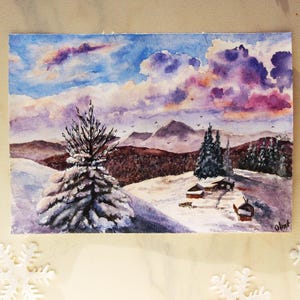 Postal hecha a mano Paisaje de montaña invernal, arte original, nieve, naturaleza, decoración de pared para el hogar, tarjeta de regalo, obra de arte única, artista ucraniano