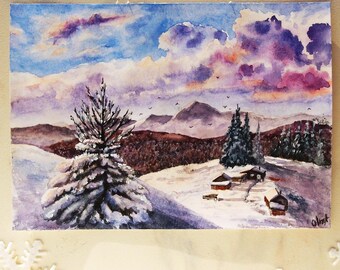 Carte postale faite main, paysage de montagne d'hiver, oeuvre d'art originale, neige, nature, décoration murale, carte-cadeau, oeuvre d'art unique, artiste ukrainienne