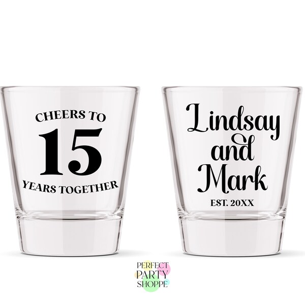 Cheers To 15 Years 15th Wedding Anniversary Custom Names Est. Year Shot Glasses | Elegant Anniversary Gifts For Couples | Party Favors