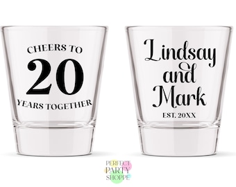 Cheers To 20 Years 20th Wedding Anniversary Custom Names Est. Year Shot Glasses | Elegant Anniversary Gifts For Couples | Party Favors