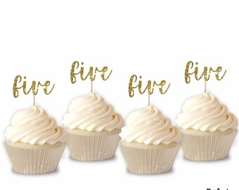 Glitter "Five" Cupcake Toppers | Set of 12 Glitter Number 5 Cupcake Toppers | 5th Birthday Treat Decorations