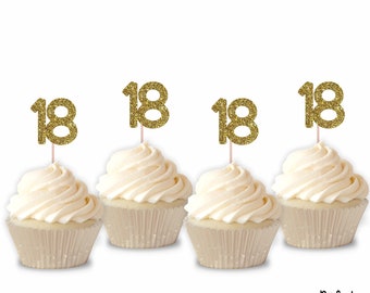 Glitter Number 18 Cupcake Toppers | Set of 12 Glitter Number Eighteenth Cupcake Toppers | 18th Birthday Treat Decoration | Anniversary Party