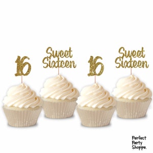 Glitter Number Sweet 16 Cupcake Toppers | Set of 12 Glitter Sixteen Cupcake Toppers | 16th Birthday Treat Decorations | B-Day Party