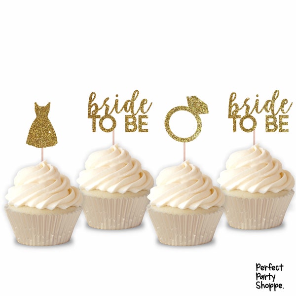 Glitter Bridal Shower Engagement Party Cupcake Toppers | Set of 12 Cupcake Toppers | Wedding Shower Decorations | Bride To Be | Ring | Dress