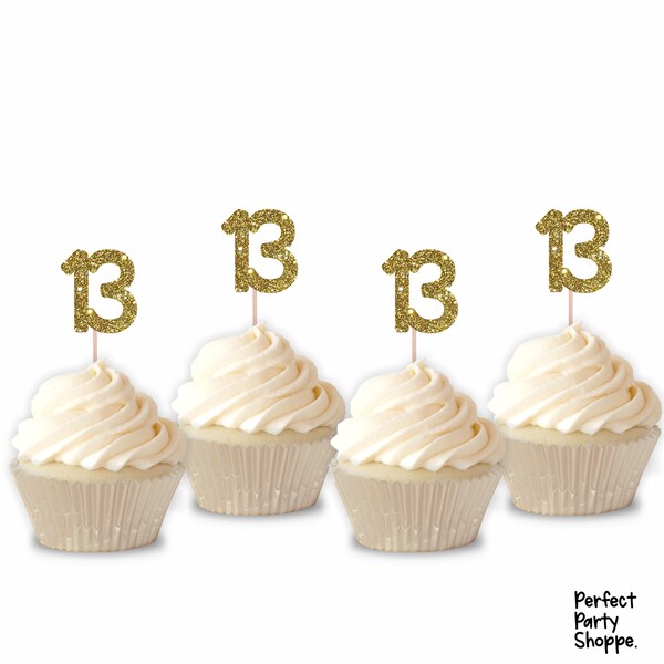 Glitter Number 13 Cupcake Toppers | Set of 12 Glitter Number Thirteen Cupcake Toppers | 13th Birthday Treat Decorations | Anniversary Party