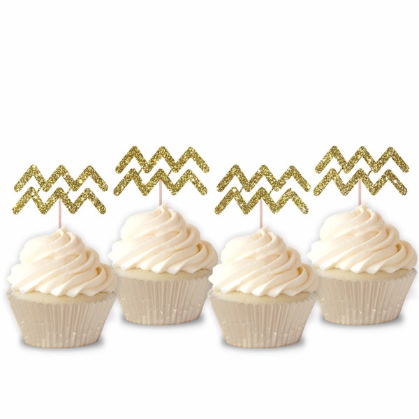 Glitter Zodiac Aquarius Symbol Cupcake Toppers | Set of 12 Glitter Aquarius Sign Cupcake Toppers | Birthday Party Treat Decoration