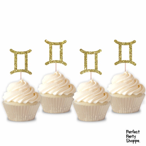 Glitter Zodiac Gemini Symbol Cupcake Toppers | Set of 12 Glitter Gemini Sign Cupcake Toppers | Birthday Party Treat Decoration