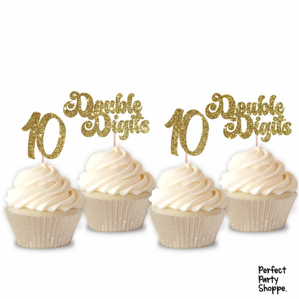 Glitter Double Digits Number 10 Cupcake Toppers | Set of 12 Glitter Tenth Birthday Cupcake Toppers | 10th Birthday Party Treat Decorations