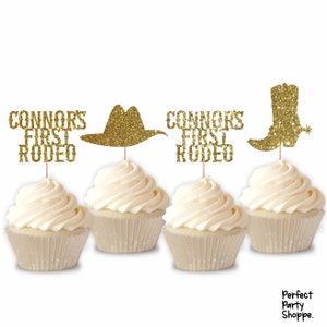 Glitter Custom First Rodeo First Birthday Cupcake Toppers | Set of 12 Glitter Western Themed 1st Birthday Cupcake Topper | Treat Decorations