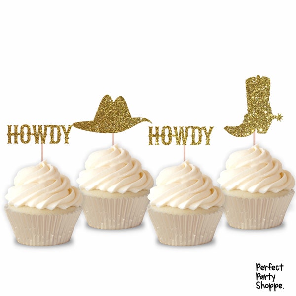 Glitter Cowboy Cupcake Toppers | Set of 12 Rodeo Cupcake Toppers | Treat Decorations for Birthday Baby Shower Boy's Howdy Western