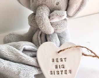 Best Big Sister White Heart Shaped Hanging Decoration. White Clay Decoration. Ornament Bauble Gift.