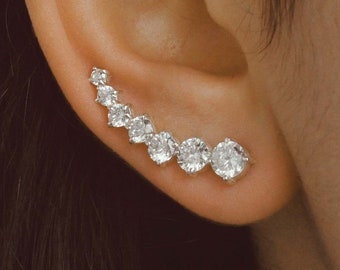 Pendientes trepadores de circonita cúbica, pendientes de plata de ley, pendientes trepadores de cristal, par de pendientes