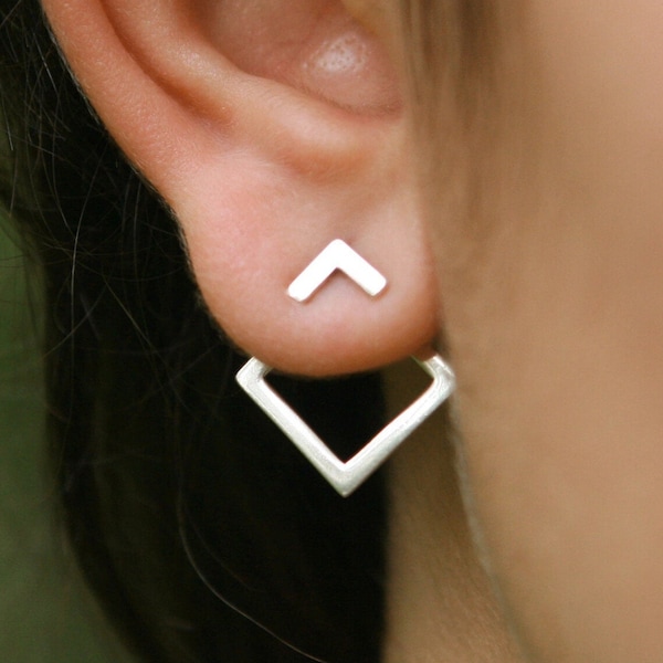 Rhombus Ear Jacket Earrings, Sterling Silver earrings, Square Ear Jackets, Geometric Ear Jackets, Pair of earrings