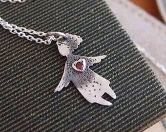 Angel Pendant with Zircon, Angel with heart, Sterling Silver Necklace