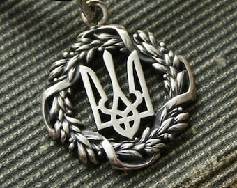 Tryzub in laurel wreath Silver Pendant Ukrainian Trident Necklace