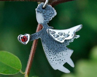 Angel with heart in hands, Sterling Silver Necklace, Angel Pendant with Zircon