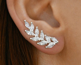 Leaf Ear Climbers, Sterling Silver, Leaves Earring, Cubic