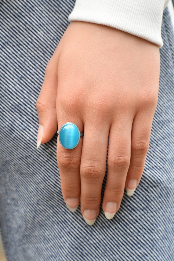 Blue Cat's Eye Ring, Sterling Silver, Teardrop Ring - Etsy