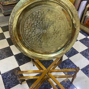 Moroccan Brass Table , Brass Tea table , Moroccan Arabesque Engraved Carved Polished Brass Tray Folding Table , Moroccan decor , brass trays