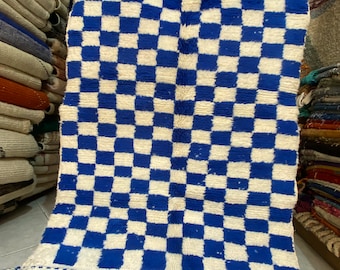 checkered indigo blue Rug Wool Hand Woven Genuine Moroccan Beni Ourain Carpet Soft Shag Artistic Oriental checker moroccan rug , plaid rug