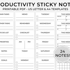 Printable Productivity Sticky Notes, 3x3 inch, Task List, To-Do List, Monthly Planner, Weekly Planner, Goals List, Printable Calendar, Memo