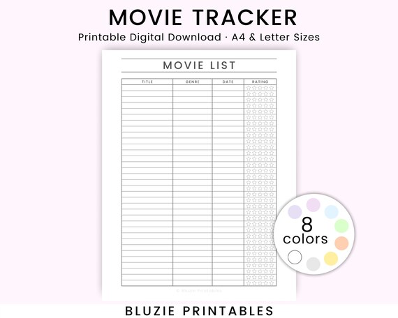 Printable Movie List Movie Tracker Organize Your Movie | Etsy