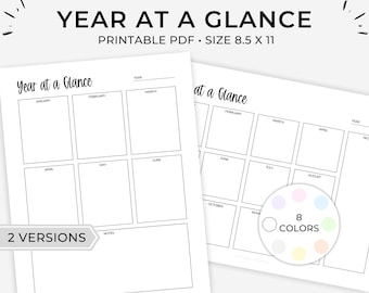 Year At A Glance Printable, Yearly Planner Printable, Yearly Calendar Printable, Yearly Schedule, Printable Undated Planner, 2 Versions