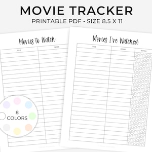 Printable Movie List, Movie Tracker, Organize Movie List, Movies to Watch, Movies I&#39;ve Watched, Movie Log Printable, Movie Shelf Organizer