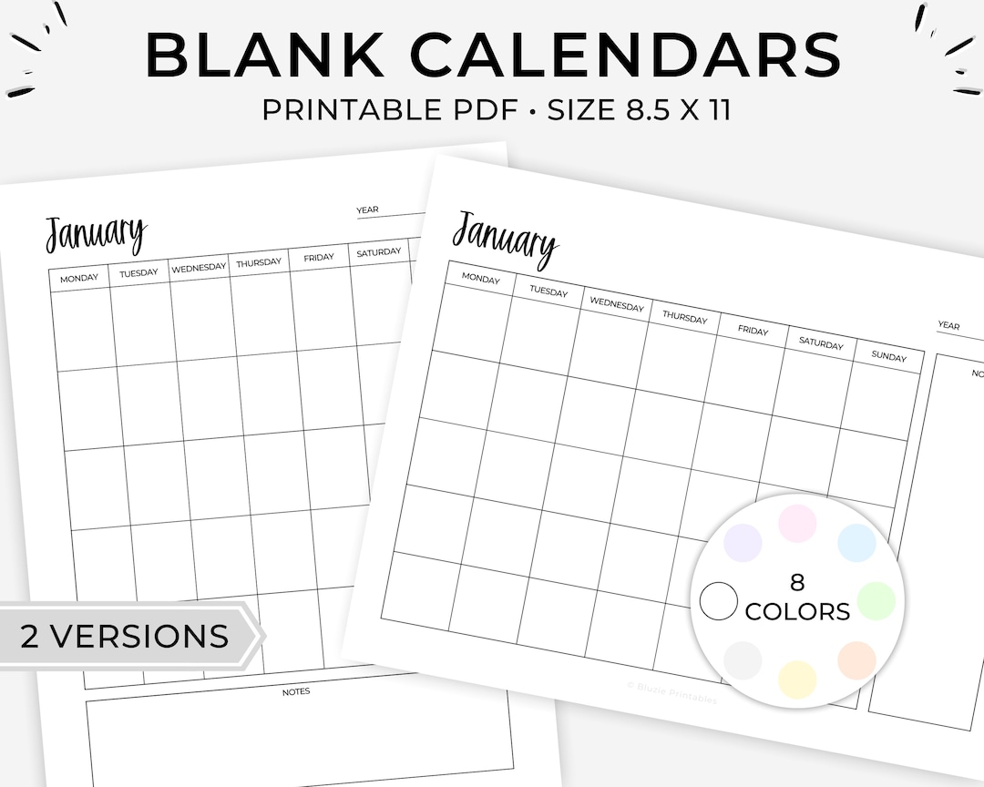 Printable Blank Calendar, Blank Monthly Calendar, Printable Monthly