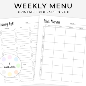 Printable Weekly Menu Planner, Weekly Grocery List, Weekly Shopping List, Printable Meal Prep Planner, Meal, Printable Grocery List