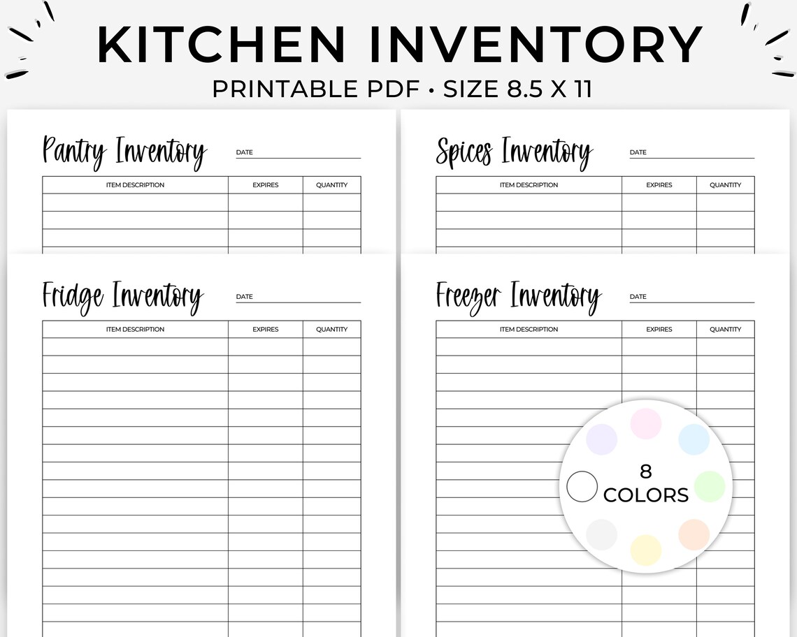 Printable Kitchen Inventory, Food Inventory, Food List Tracker, Pantry ...