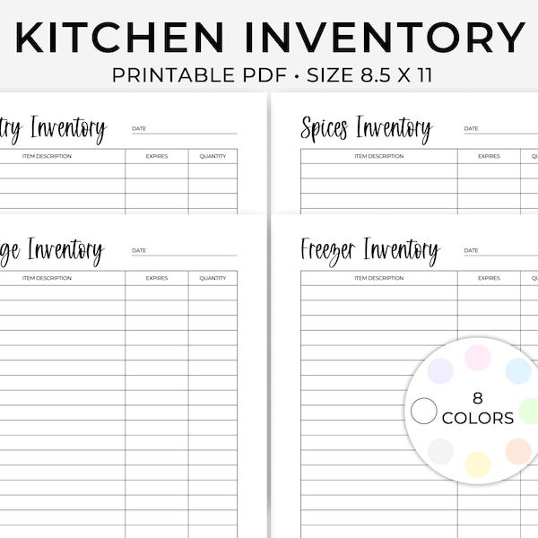 Printable Kitchen Inventory, Food Inventory, Food List Tracker, Pantry Inventory, Fridge Inventory, Freezer Inventory, Spice Inventory